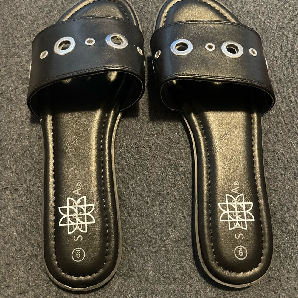 Serra Black Slide Sandals with Silver Accents